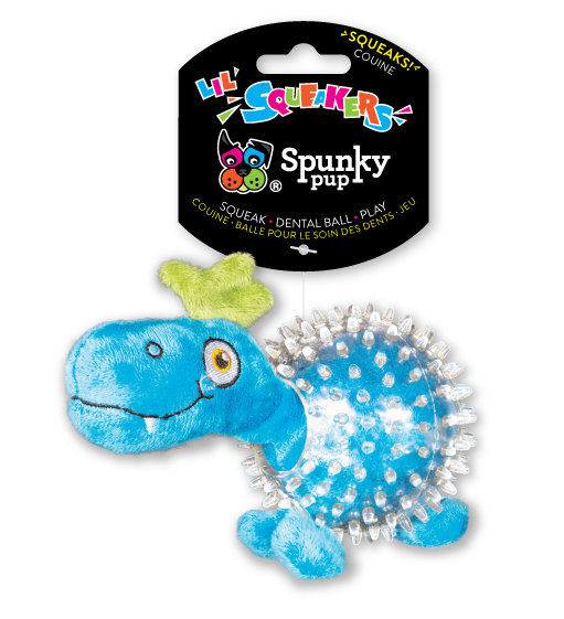 Spunky Pup Lil’ Squeakers Dino in Clear Spiky Ball